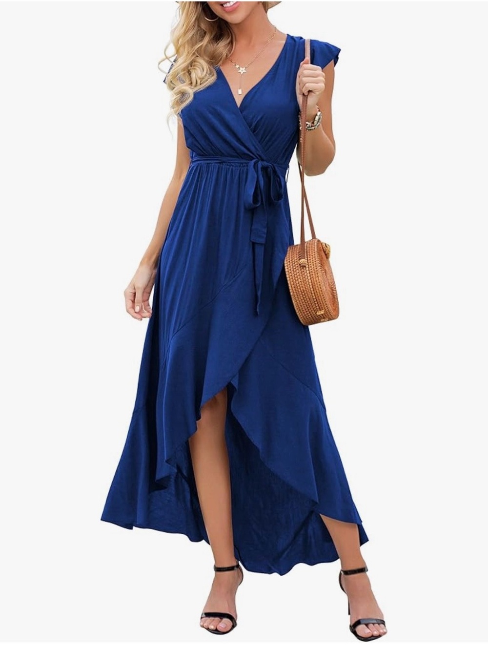 Sleeveless Royal Blue Wrap Maxi Dress with Tie Waist